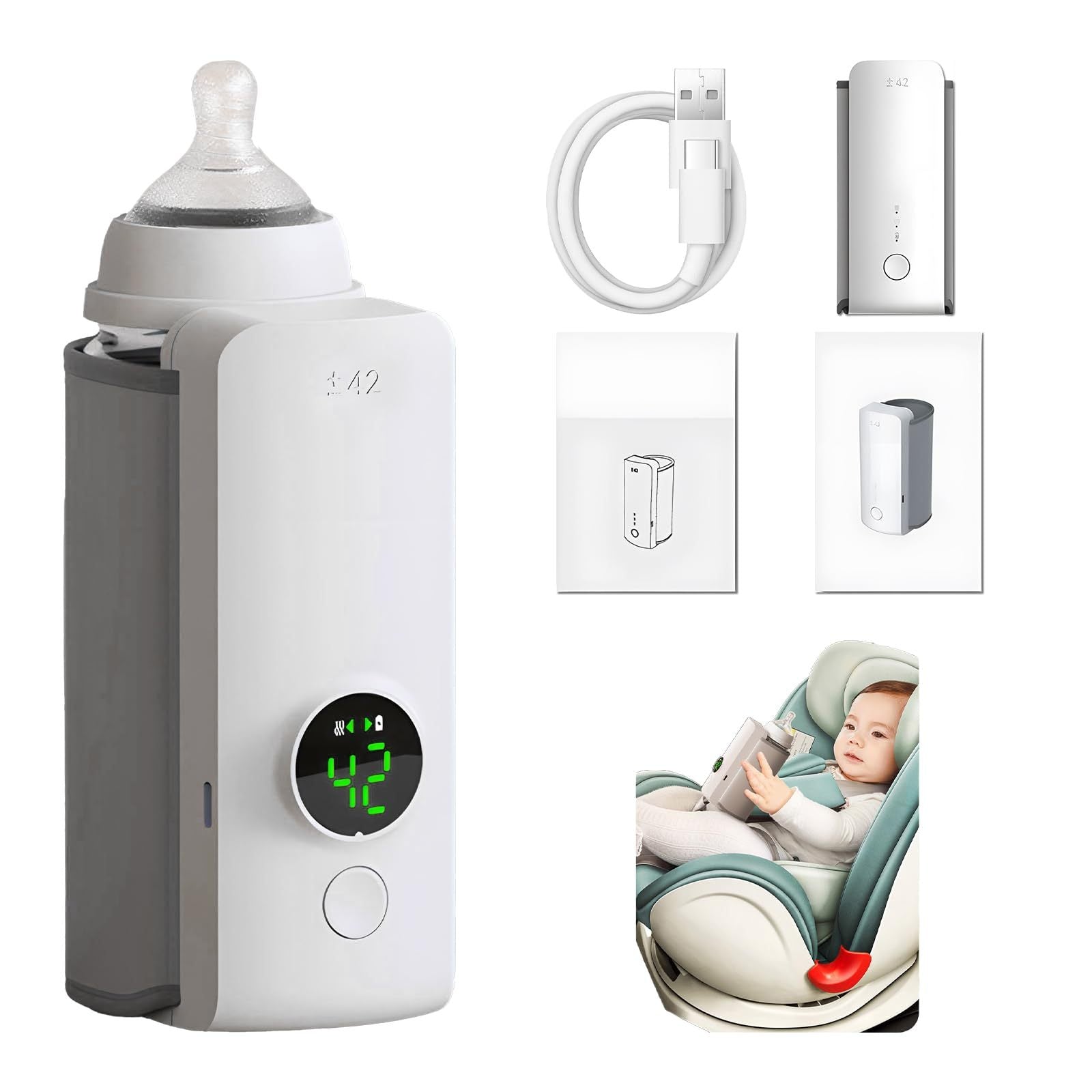 Portable baby bottle warmer with USB charging cable
